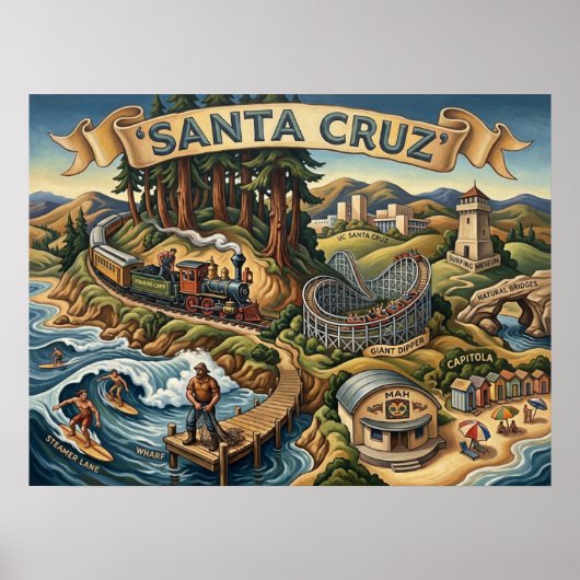 Santa Cruz California Illustrated Map UCSC Wharf ポスター (正面)