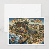 Santa Cruz California Illustrated Map UCSC Wharf ポストカード (正面/裏面)