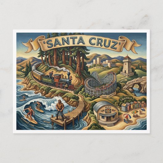 Santa Cruz California Illustrated Map UCSC Wharf ポストカード (正面)
