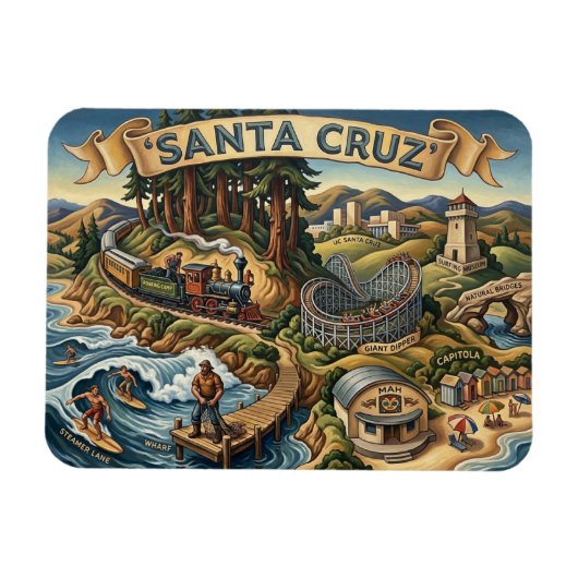 Santa Cruz California Illustrated Map UCSC Wharf マグネット (横)