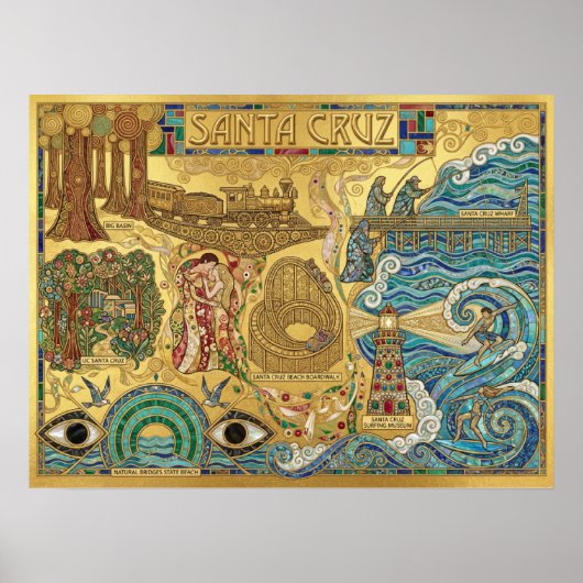 Santa Cruz California Mosaic Map Boardwalk Beach ポスター (正面)