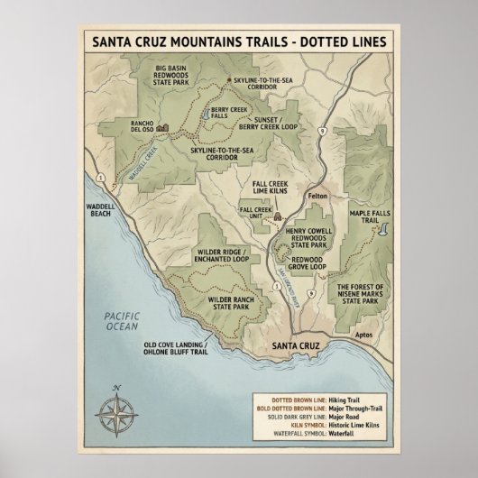 Santa Cruz California Trail Map Redwood & Coastal  ポスター (正面)