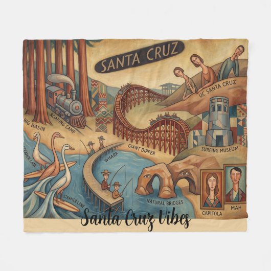 Santa Cruz California Whimsical Map UCSC Boardwalk フリースブランケット (正面(横))