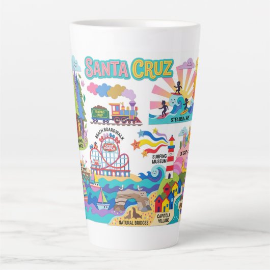 Santa Cruz Illustrated Map Boardwalk Beach Surfing カフェラテマグ (正面)