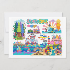 Santa Cruz Illustrated Map Boardwalk Beach Surfing カード