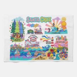 Santa Cruz Illustrated Map Boardwalk Beach Surfing キッチンタオル