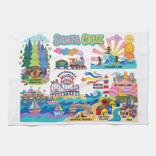 Santa Cruz Illustrated Map Boardwalk Beach Surfing キッチンタオル (横)
