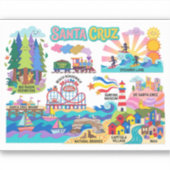 Santa Cruz Illustrated Map Boardwalk Beach Surfing シール (正面)