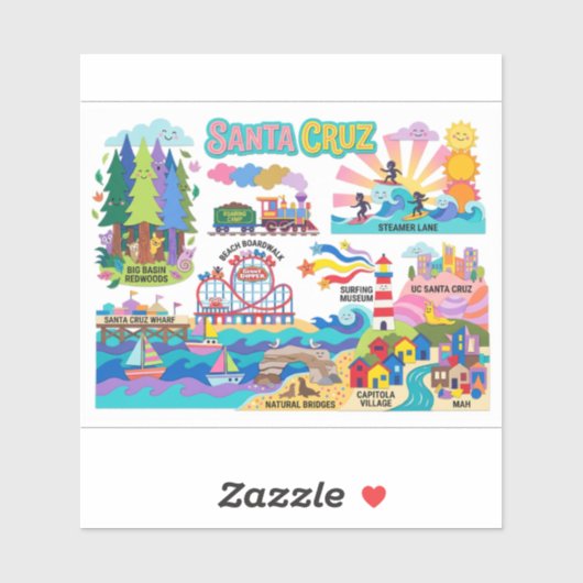 Santa Cruz Illustrated Map Boardwalk Beach Surfing シール (シート)