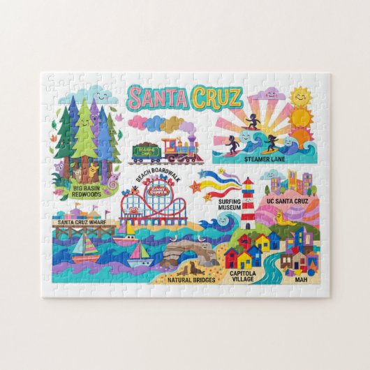 Santa Cruz Illustrated Map Boardwalk Beach Surfing ジグソーパズル (横)