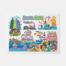 Santa Cruz Illustrated Map Boardwalk Beach Surfing ドアマット