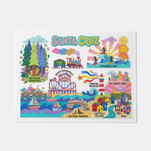 Santa Cruz Illustrated Map Boardwalk Beach Surfing ドアマット (正面)