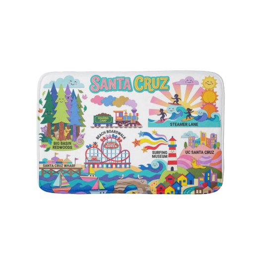Santa Cruz Illustrated Map Boardwalk Beach Surfing バスマット (正面)