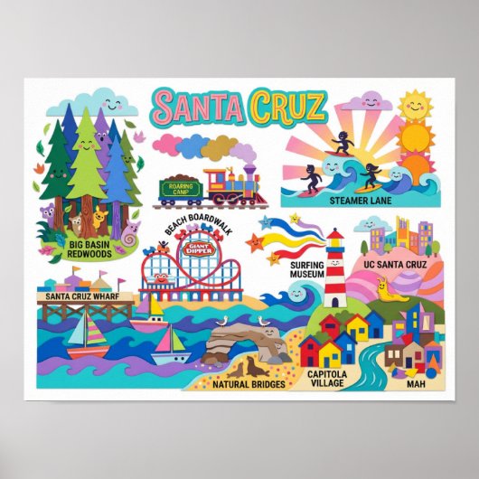 Santa Cruz Illustrated Map Boardwalk Beach Surfing ポスター (正面)