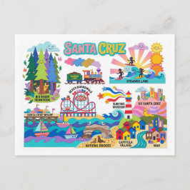 Santa Cruz Illustrated Map Boardwalk Beach Surfing ポストカード