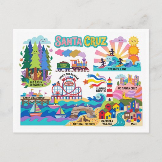 Santa Cruz Illustrated Map Boardwalk Beach Surfing ポストカード (正面)