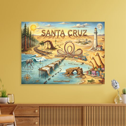 Santa Cruz Pop Art Map – Bold Coastal Landmark キャンバスプリント (インサイチュ (リビング))