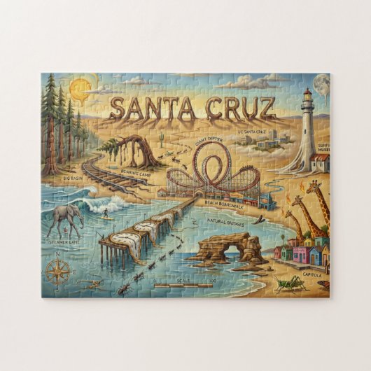 Santa Cruz Pop Art Map – Bold Coastal Landmark ジグソーパズル (横)