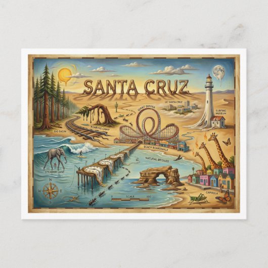 Santa Cruz Pop Art Map – Bold Coastal Landmark ポストカード (正面)