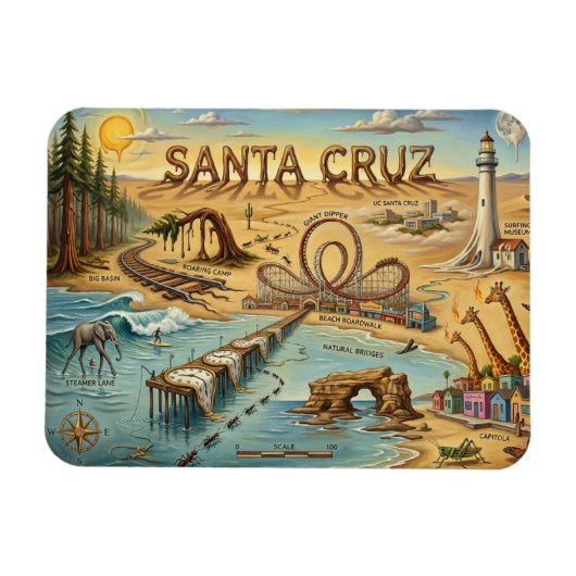 Santa Cruz Pop Art Map – Bold Coastal Landmark マグネット (横)