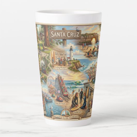 Santa Cruz Vibe Map – Cultural Coastal Art Print カフェラテマグ (正面)