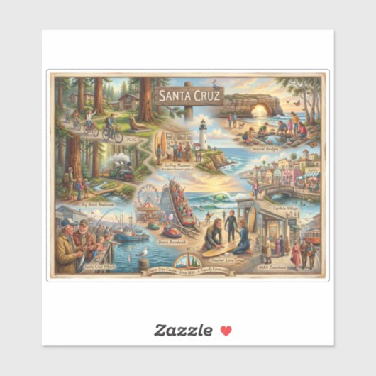 Santa Cruz Vibe Map – Cultural Coastal Art Print シール (シート)