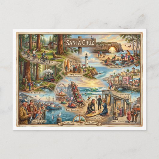 Santa Cruz Vibe Map – Cultural Coastal Art Print ポストカード (正面)