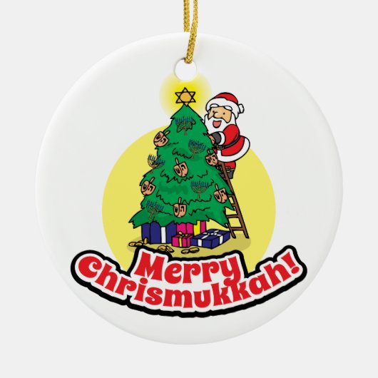 Santa decorating tree for Chrismukkah セラミックオーナメント (正面)