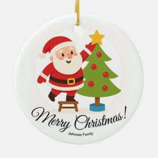 Santa Decorating Tree Personalized Family Name セラミックオーナメント