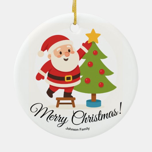 Santa Decorating Tree Personalized Family Name セラミックオーナメント (裏面)