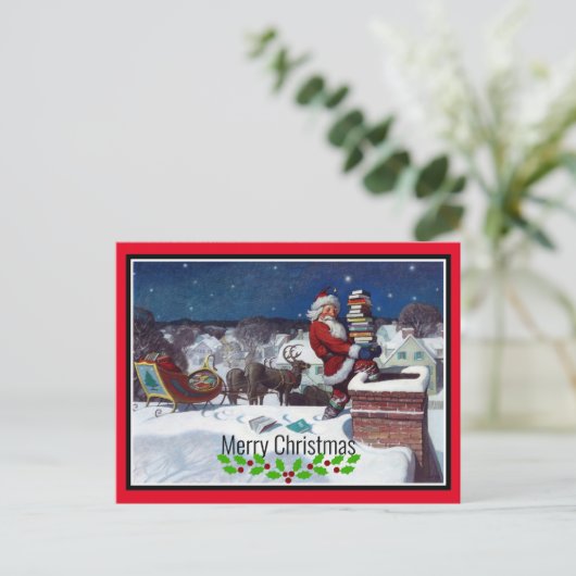 Santa delivering armload of books ポストカード (スタンド正面)
