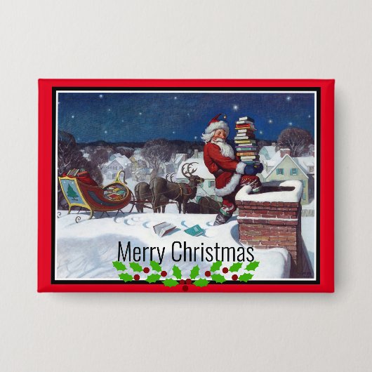 Santa Delivering Books at Christmas 缶バッジ (正面)