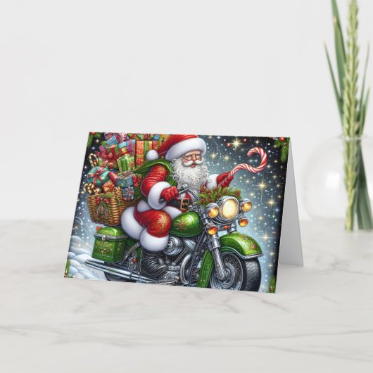 Santa Delivering Packages on Green Motorcycle シーズンカード (正面)