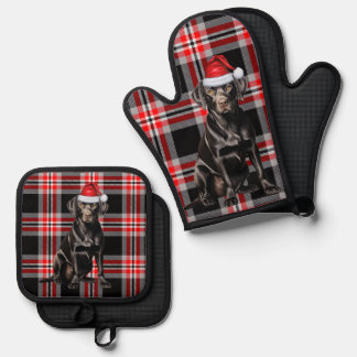 Santa Dog Black Labrador Holiday Plaid Christmas 鍋つかみ&鍋敷きセット