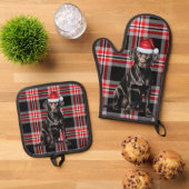 Santa Dog Black Labrador Holiday Plaid Christmas 鍋つかみ&鍋敷きセット (トップダウン)