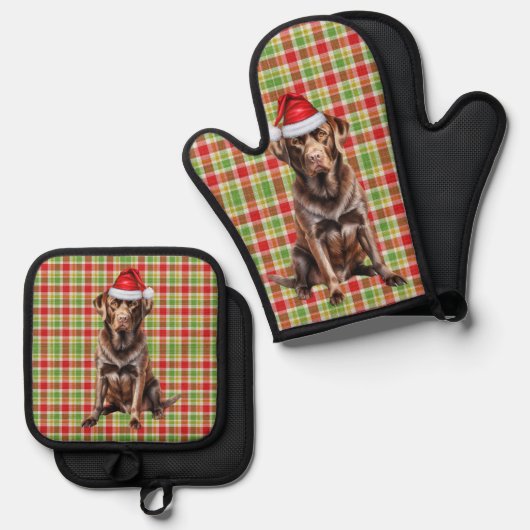 Santa Dog Chocolate Lab Holiday Plaid Christmas 鍋つかみ&鍋敷きセット (正面/裏面)