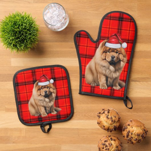 Santa Dog Chow Chow Holiday Plaid Christmas 鍋つかみ&鍋敷きセット (トップダウン)
