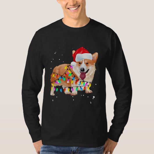 Santa Dog Xmas Christmas Tree Lights Holiday Tシャツ (正面)