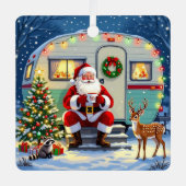 Santa Drinking Hot Cocoa outside his RV Christmas メタルオーナメント (正面)