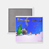 Santa_drops_gift_by_雪だるま_and_snow_covered_hous マグネット (正面/裏面)