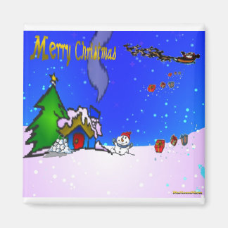 Santa_drops_gift_by_雪だるま_and_snow_covered_hous マグネット