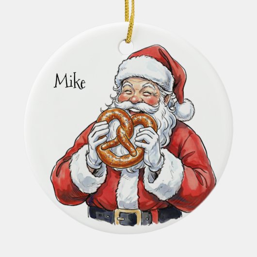 Santa eating Philly Soft Pretzel Ceramic Ornament セラミックオーナメント (正面)