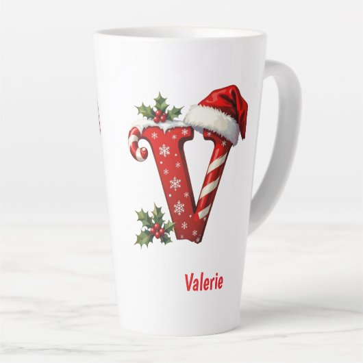 Santa elegant Monogram initial V merry Christmas カフェラテマグ (右アングル)