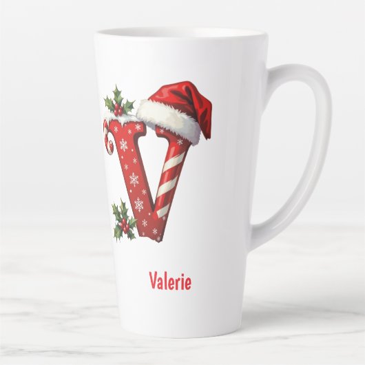 Santa elegant Monogram initial V merry Christmas  カフェラテマグ (右)