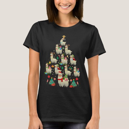 Santa ELF Reindeer Llama Xmas Tree Light Llama Tシャツ (正面)