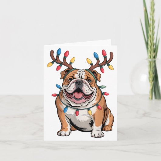Santa English Bulldog Reindeer Light Christmas カード (正面)