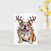 Santa English Bulldog Reindeer Light Christmas カード (黄色い花)
