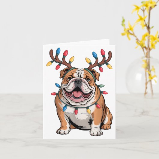 Santa English Bulldog Reindeer Light Christmas  カード (黄色い花)