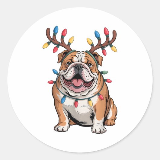 Santa English Bulldog Reindeer Light Christmas  ラウンドシール (正面)