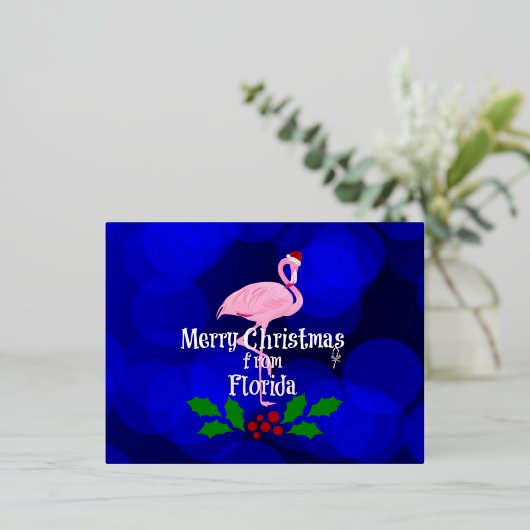 Santa Flamingoからのフロリダのクリスマスの挨拶 箔シーズンポストカード (立ち正面)